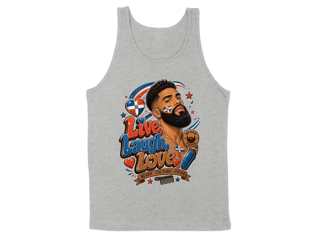 Oso Caribeño grey cotton tank top featuring a Dominican pride and beard culture graphic with Live Love Laugh text.