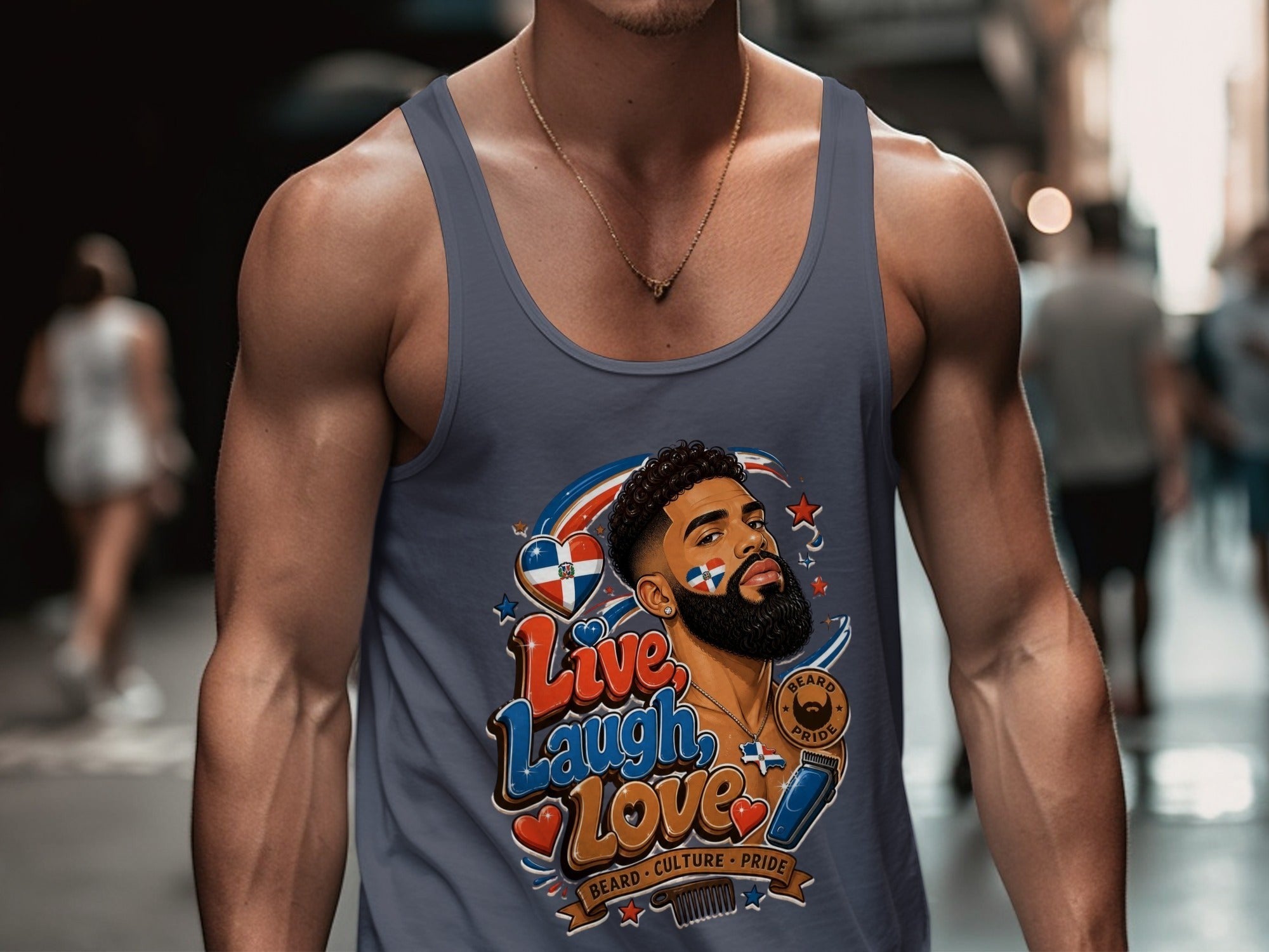 Oso Caribeño grey tank top featuring a Dominican pride graphic with a bearded man and Live Laugh Love text