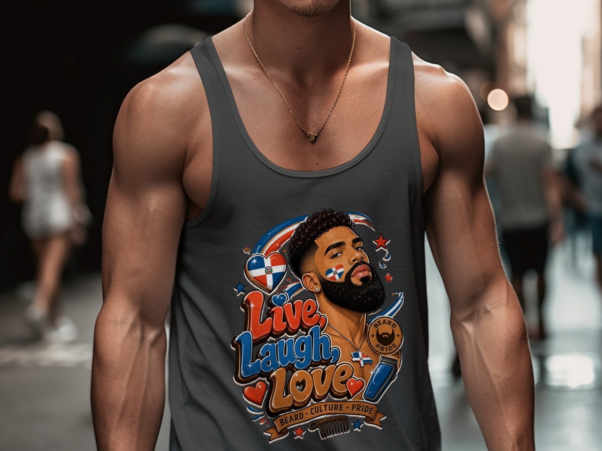 Oso Caribeño grey cotton tank top featuring a Dominican pride Live Love Laugh beard graphic on a muscular man