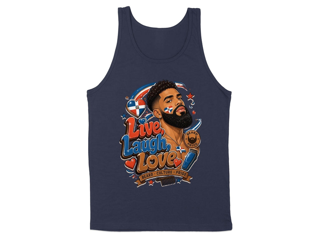 Oso Caribeño navy blue cotton tank top featuring a Dominican pride and beard culture graphic design.