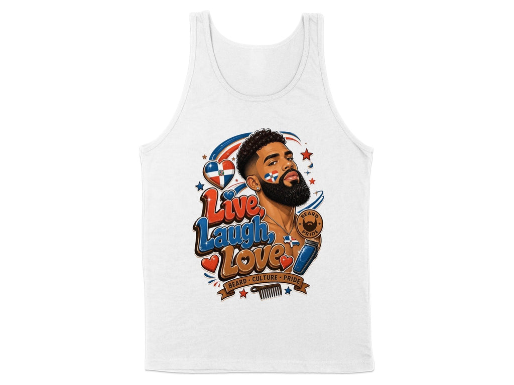 Oso Caribeño white cotton tank top featuring a Dominican pride beard lifestyle graphic with Live Laugh Love text.