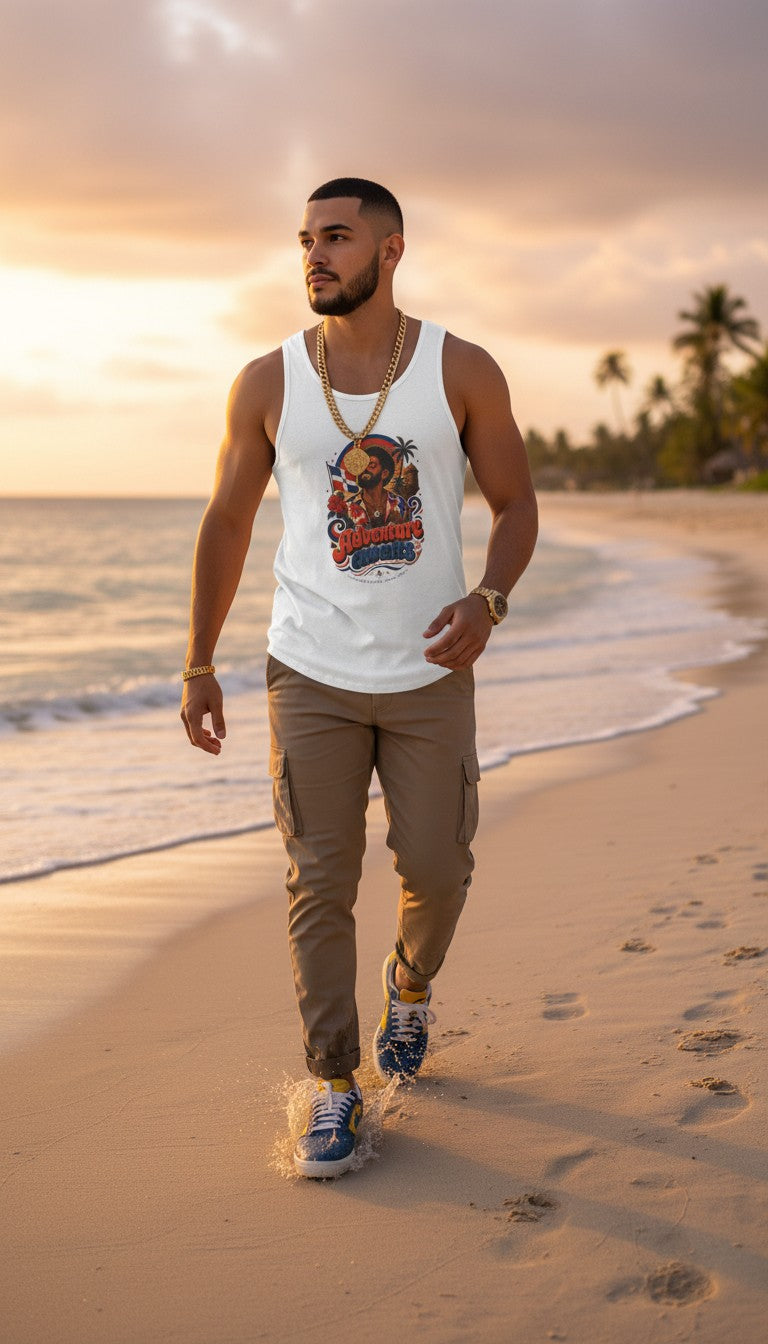 Oso Caribeño white cotton tank top with Dominican heritage graphic, worn by a man walking on a tropical beach.