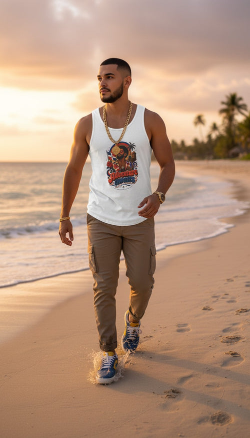 Oso Caribeño white cotton tank top with Dominican heritage graphic, worn by a man walking on a tropical beach.