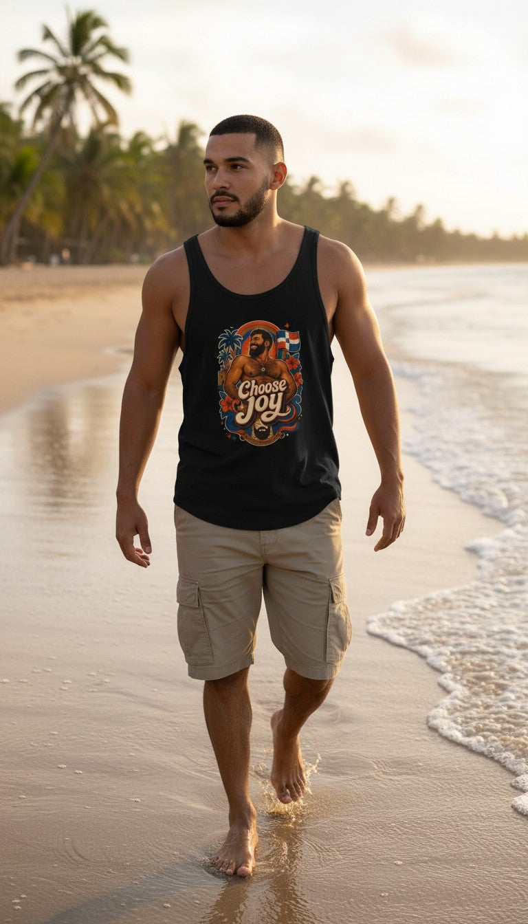 Oso Caribeño black tank top with Dominican Joy graphic on a man walking along a tropical beach at sunset