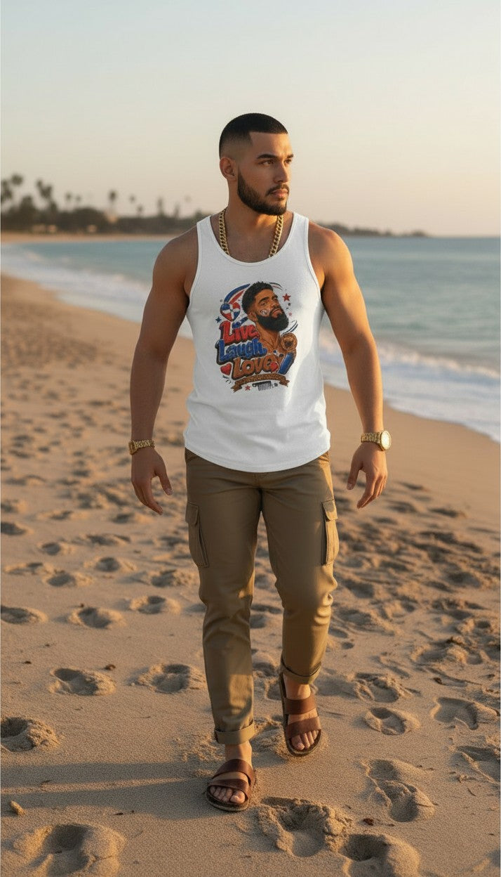 Oso Caribeño white tank top featuring a Dominican pride graphic with a bearded man on a beach at sunset.