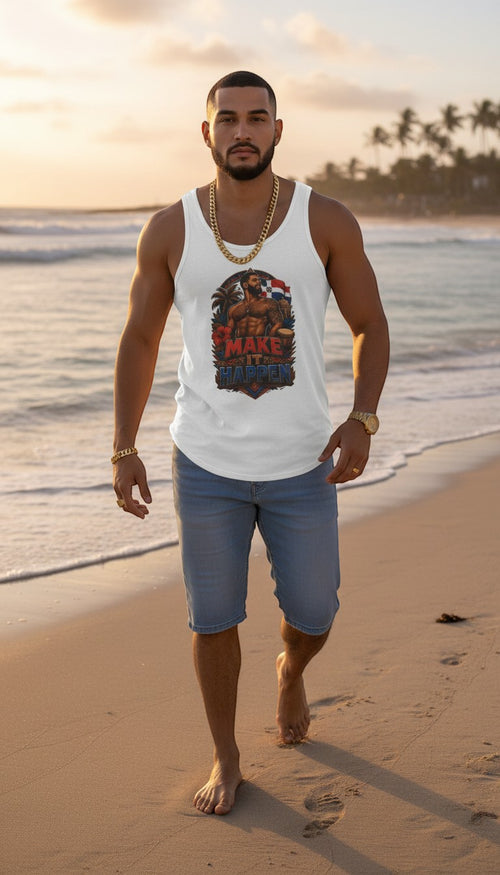 Oso Caribeño white tank top featuring a Dominican pride graphic on a man walking on a beach at sunset.