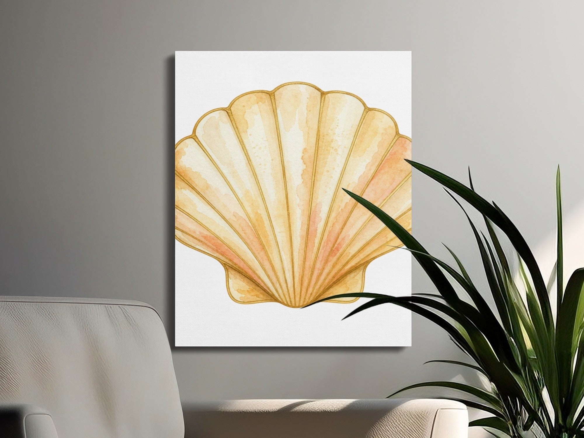 Oso Caribeño Golden Tide Scallop watercolor canvas wall art featuring golden shell ridges on a white background.