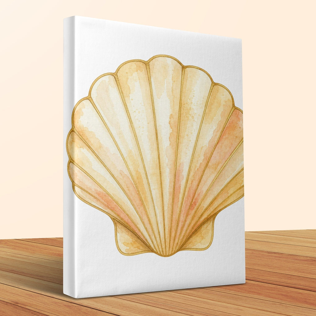 Oso Caribeño Golden Tide Scallop watercolor canvas wall art featuring a golden seashell on a white background.