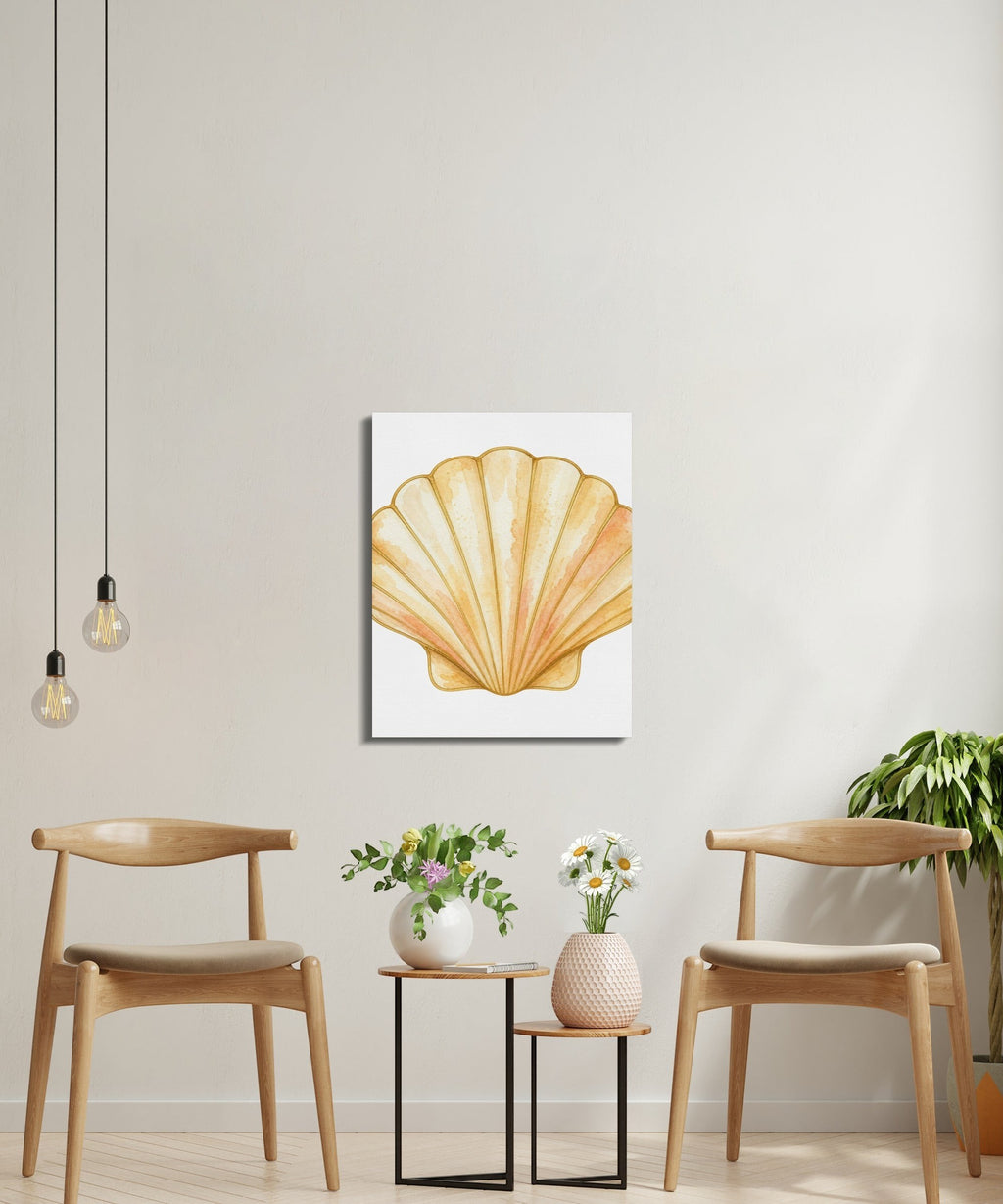 Oso Caribeño Golden Tide Scallop watercolor canvas art hanging on a wall above two wooden chairs and small tables.