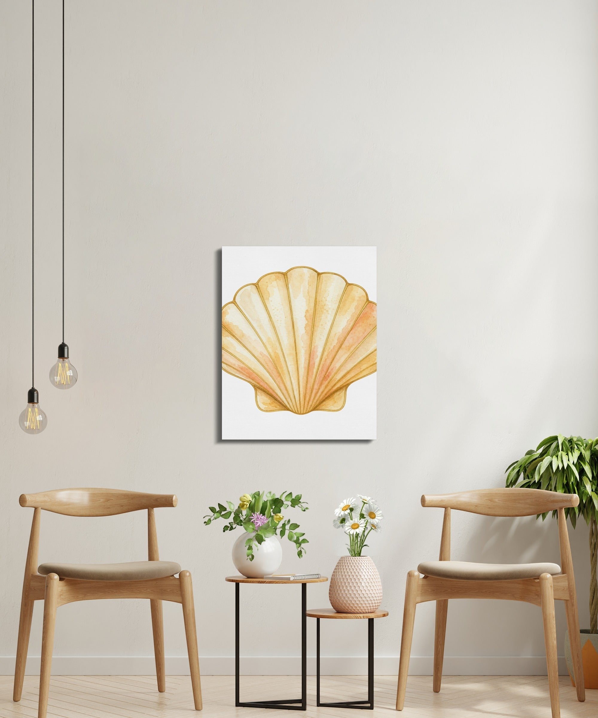 Oso Caribeño Golden Tide Scallop watercolor canvas art hanging on a wall above two wooden chairs and small tables.