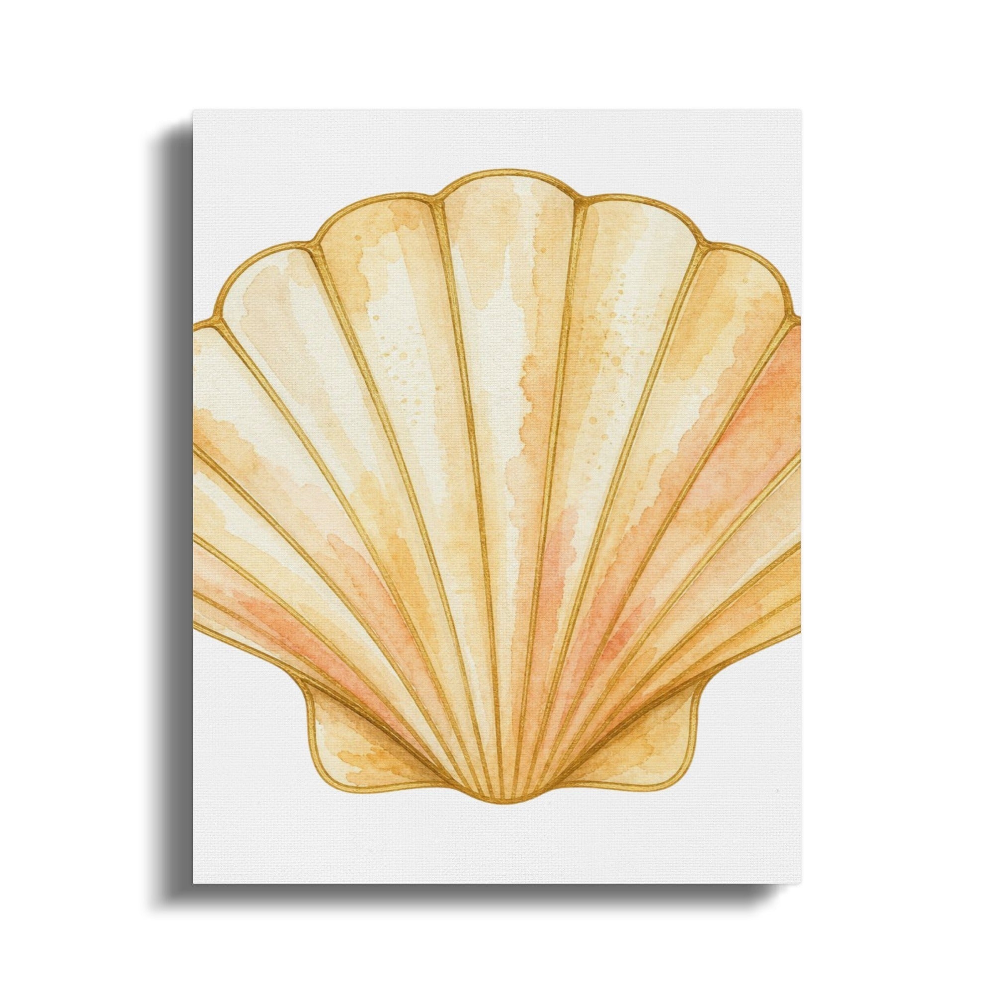 Oso Caribeño Golden Tide Scallop watercolor canvas wall art featuring a golden seashell on a white background.