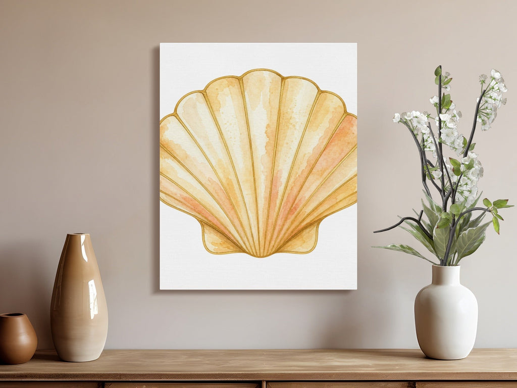 Oso Caribeño Golden Tide Scallop watercolor canvas art featuring a golden shell on a neutral wall above a wooden console.