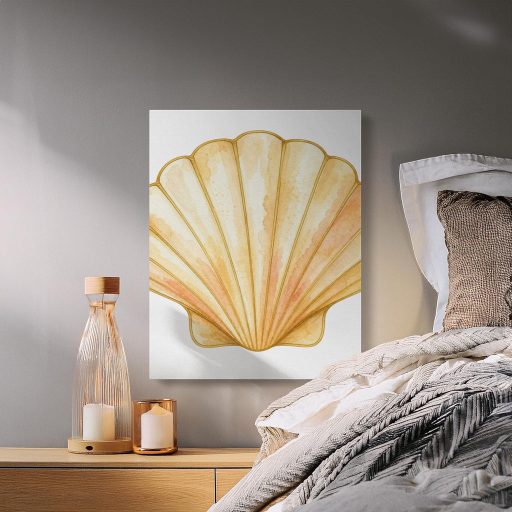 Oso Caribeño Golden Tide Scallop watercolor canvas art hanging above a wooden nightstand in a serene bedroom.