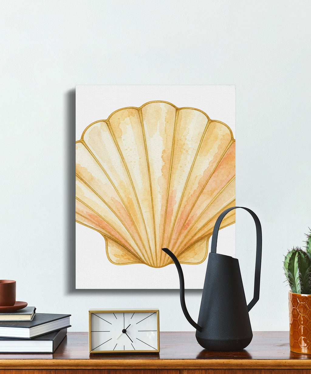 Oso Caribeño Golden Tide Scallop watercolor canvas wall art featuring golden shell tones on a white background.