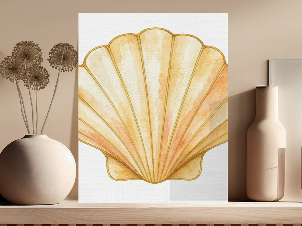 Oso Caribeño Golden Tide Scallop watercolor canvas wall art featuring golden shell ridges on a satin finish canvas.