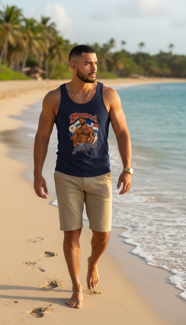 Oso Caribeño navy tank top featuring a Dominican Republic Blessed & Grateful graphic worn by a man on a tropical beach
