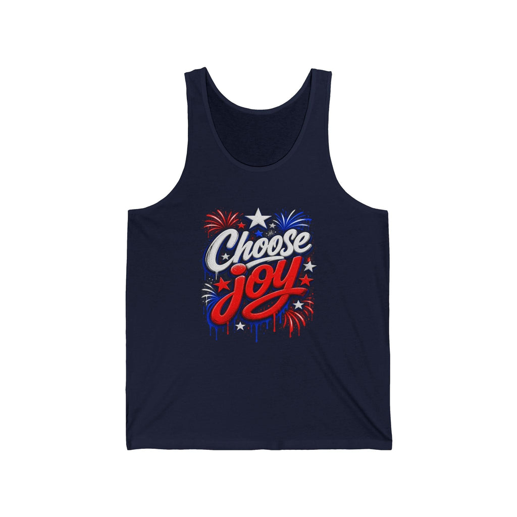 Oso Caribeño navy blue cotton tank top with red, white, and blue Choose Joy firework graphic print