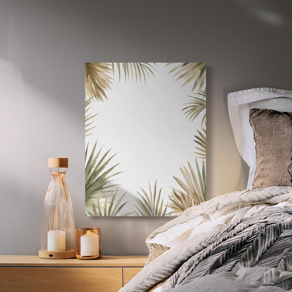 Oso Caribeño watercolor palm frond canvas art hanging above a wooden nightstand in a serene bohemian bedroom.