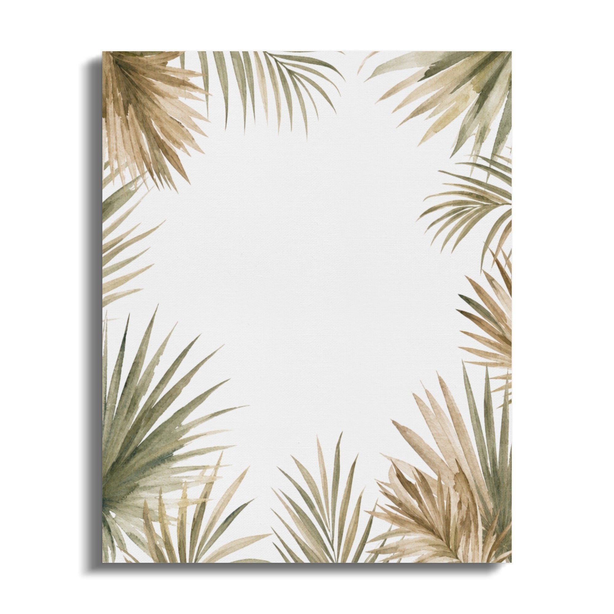 Oso Caribeño watercolor canvas print featuring earthy green and brown palm fronds in a bohemian botanical style.