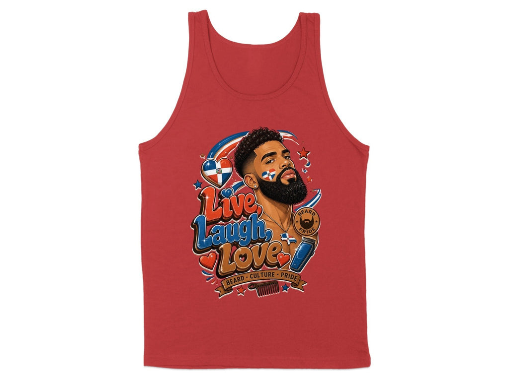 Oso Caribeño red cotton tank top featuring a Dominican pride and beard culture graphic print.