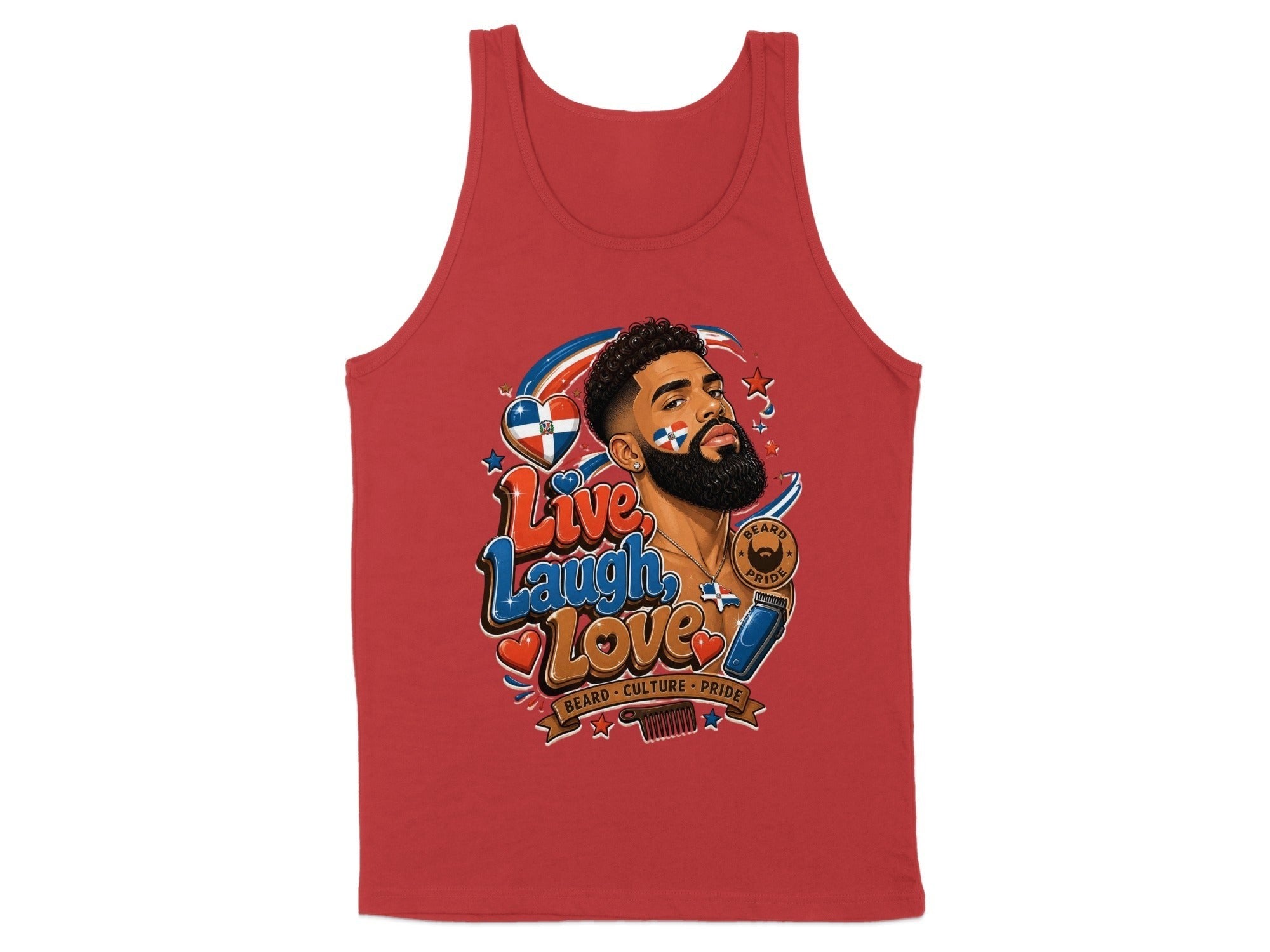 Oso Caribeño red cotton tank top featuring a Dominican pride and beard culture graphic print.
