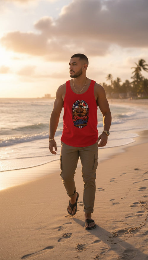 Oso Caribeño red tank top with Dominican heritage graphic worn by a man walking on a beach at sunset.