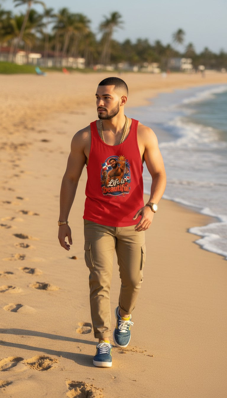 Oso Caribeño red tank top with Orgullo Dominicano Life is Beautiful graphic worn by a man walking on a sandy beach