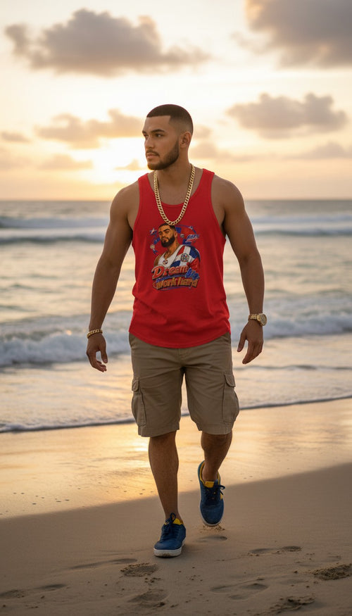 Oso Caribeño red graphic tank top featuring Dominican heritage design worn by a man on a beach at sunset