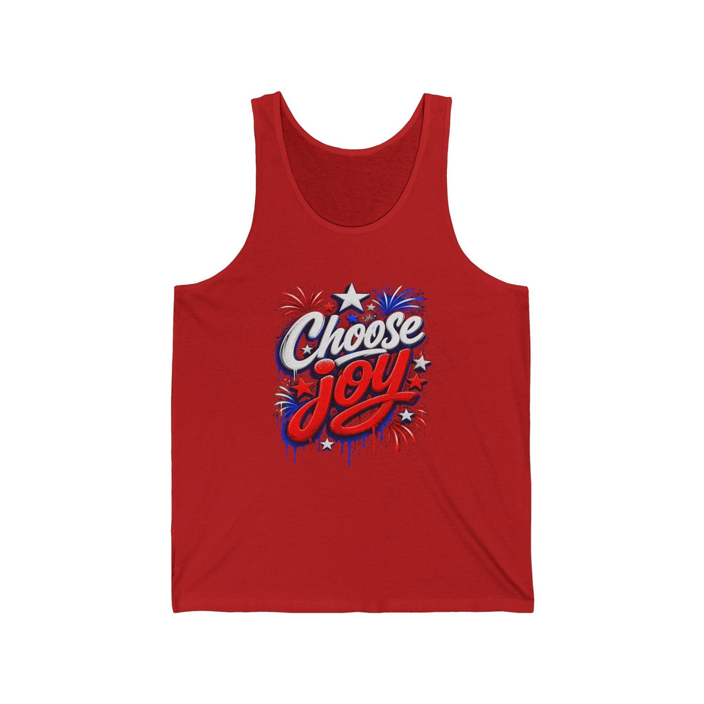 Oso Caribeño red tank top featuring a Choose Joy graphic with patriotic fireworks and graffiti-style typography.