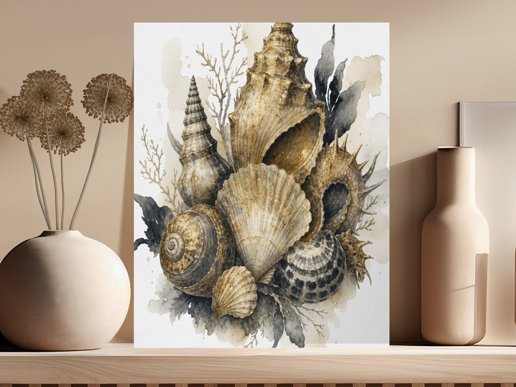 Oso Caribeño watercolor canvas print featuring a collection of detailed seashells in neutral earth tones.