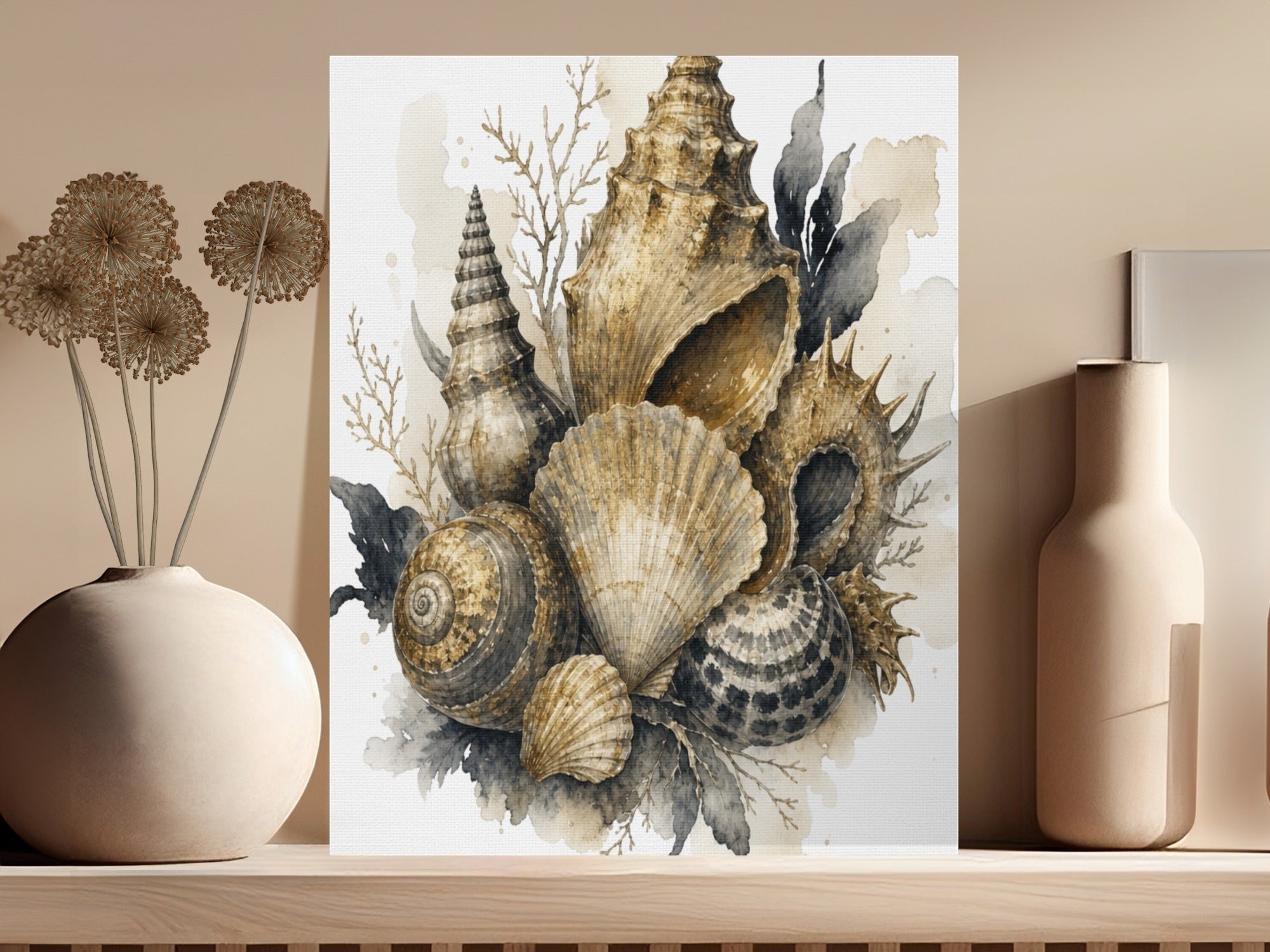 Oso Caribeño watercolor canvas print featuring a collection of detailed seashells in neutral earth tones.
