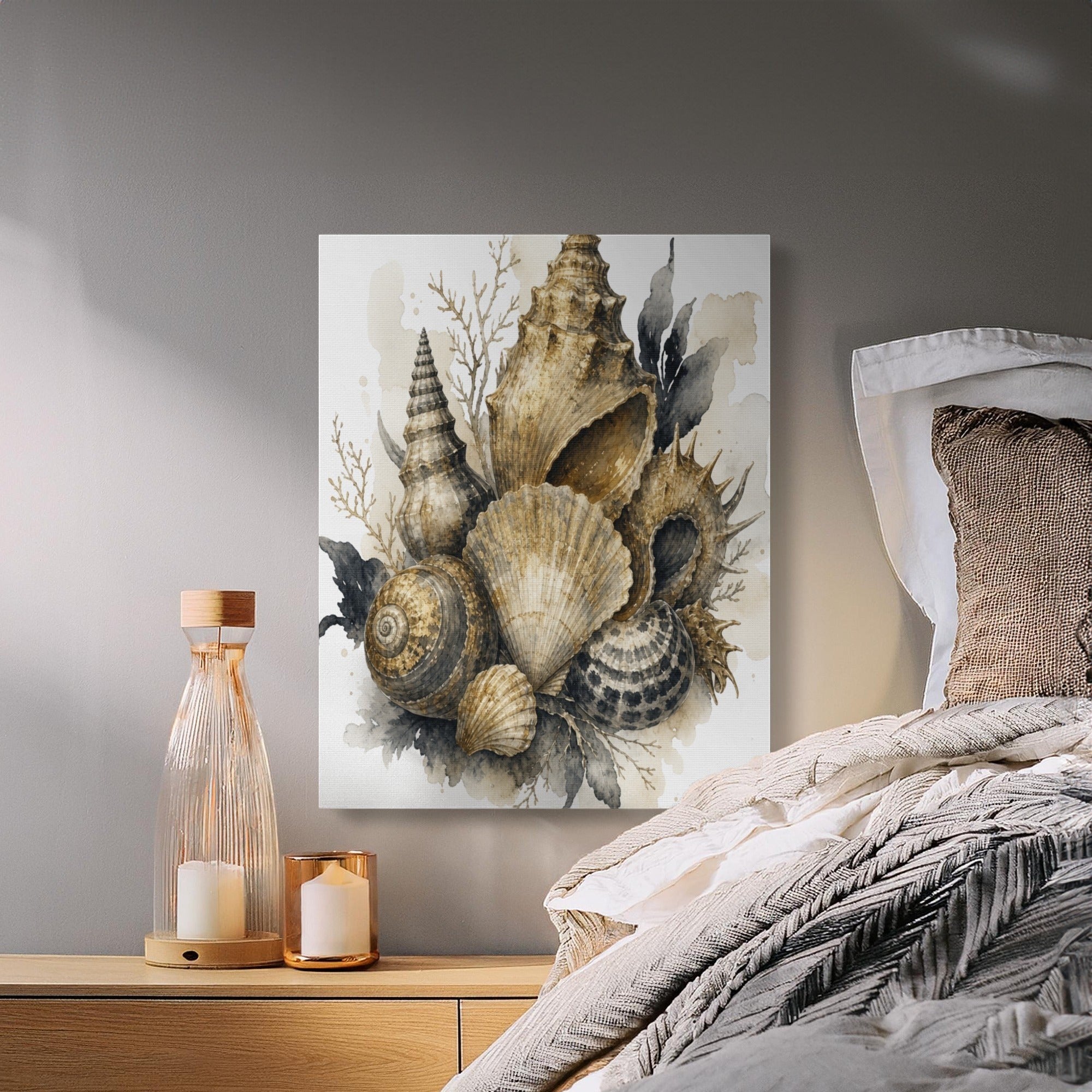 Oso Caribeño watercolor seashell canvas art hanging above a bedroom nightstand with candles.