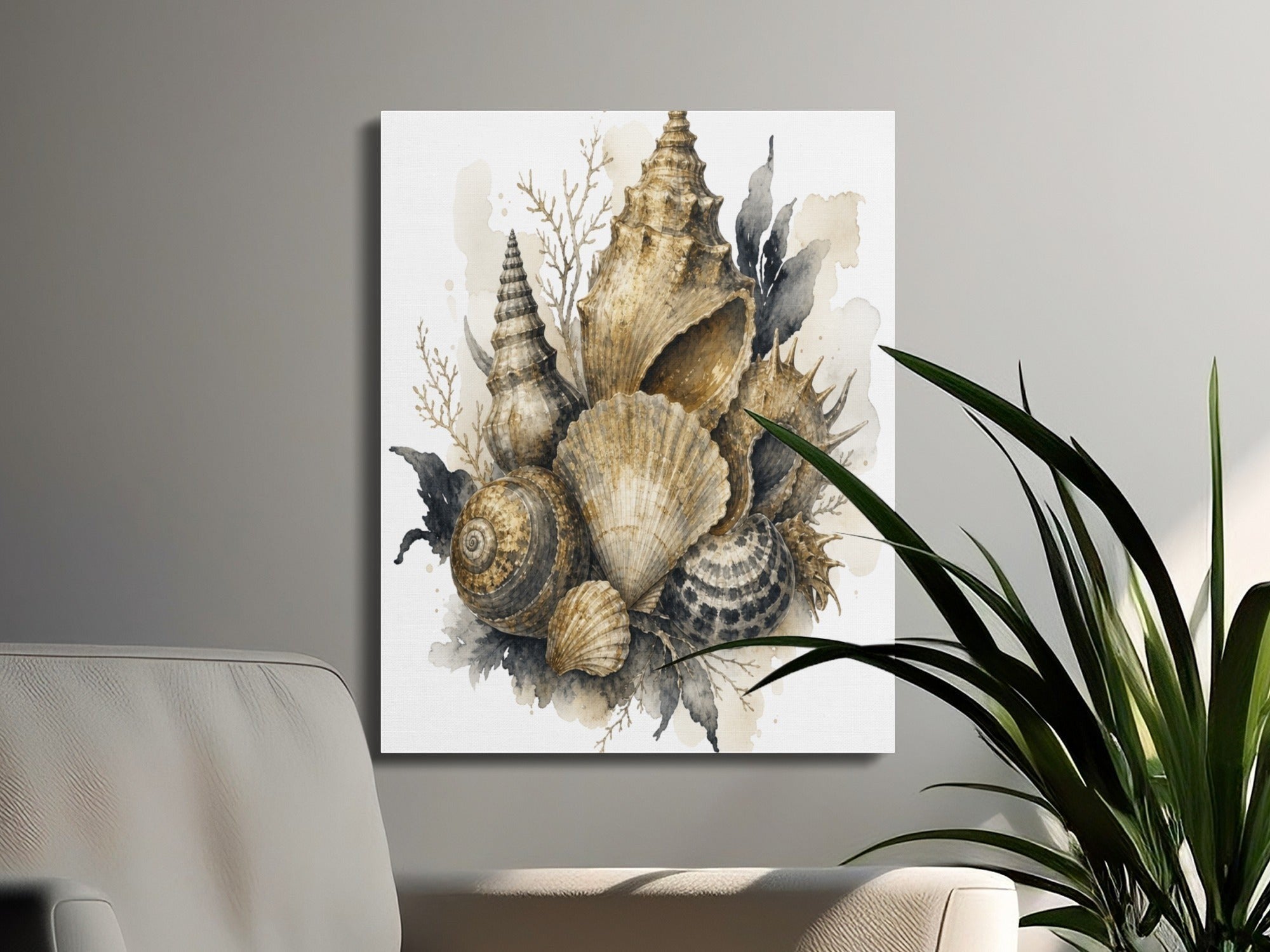 Oso Caribeño watercolor seashell canvas wall art featuring neutral tones on a gallery-wrapped frame in a modern living room