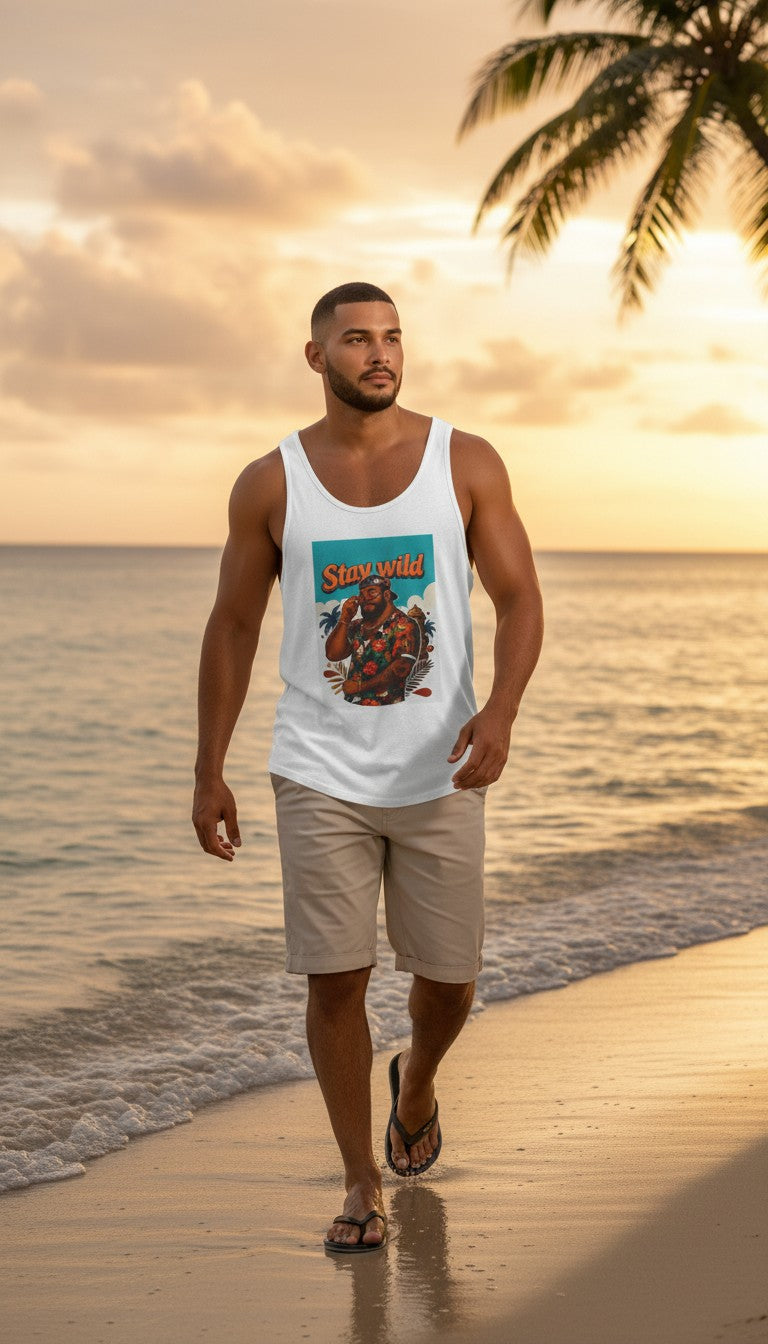 Oso Caribeño white tank top with Stay Wild tropical bear graphic worn by a man walking on a beach at sunset