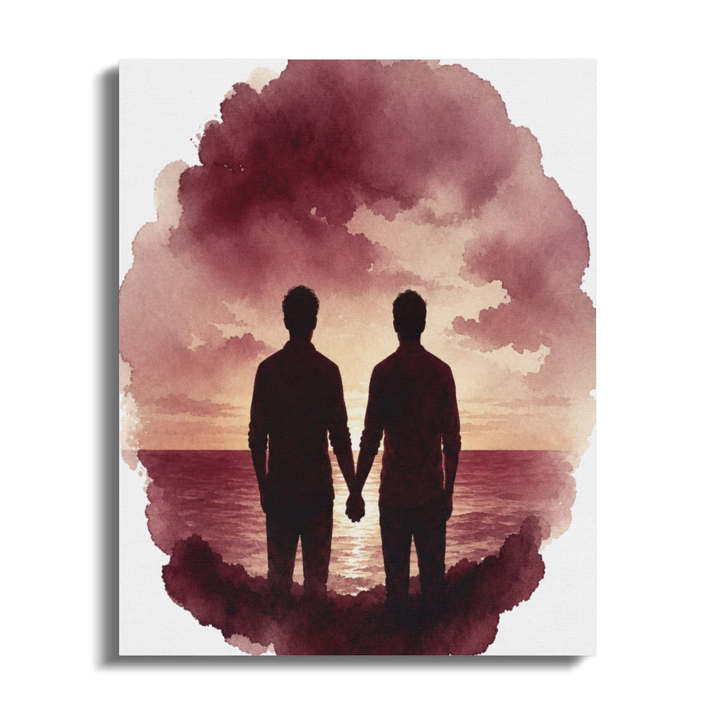 Oso Caribeño United Souls Sunset canvas print featuring a watercolor silhouette of two men holding hands at dusk.