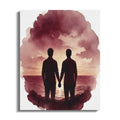 Oso Caribeño United Souls Sunset canvas print featuring a watercolor silhouette of two men holding hands at dusk.