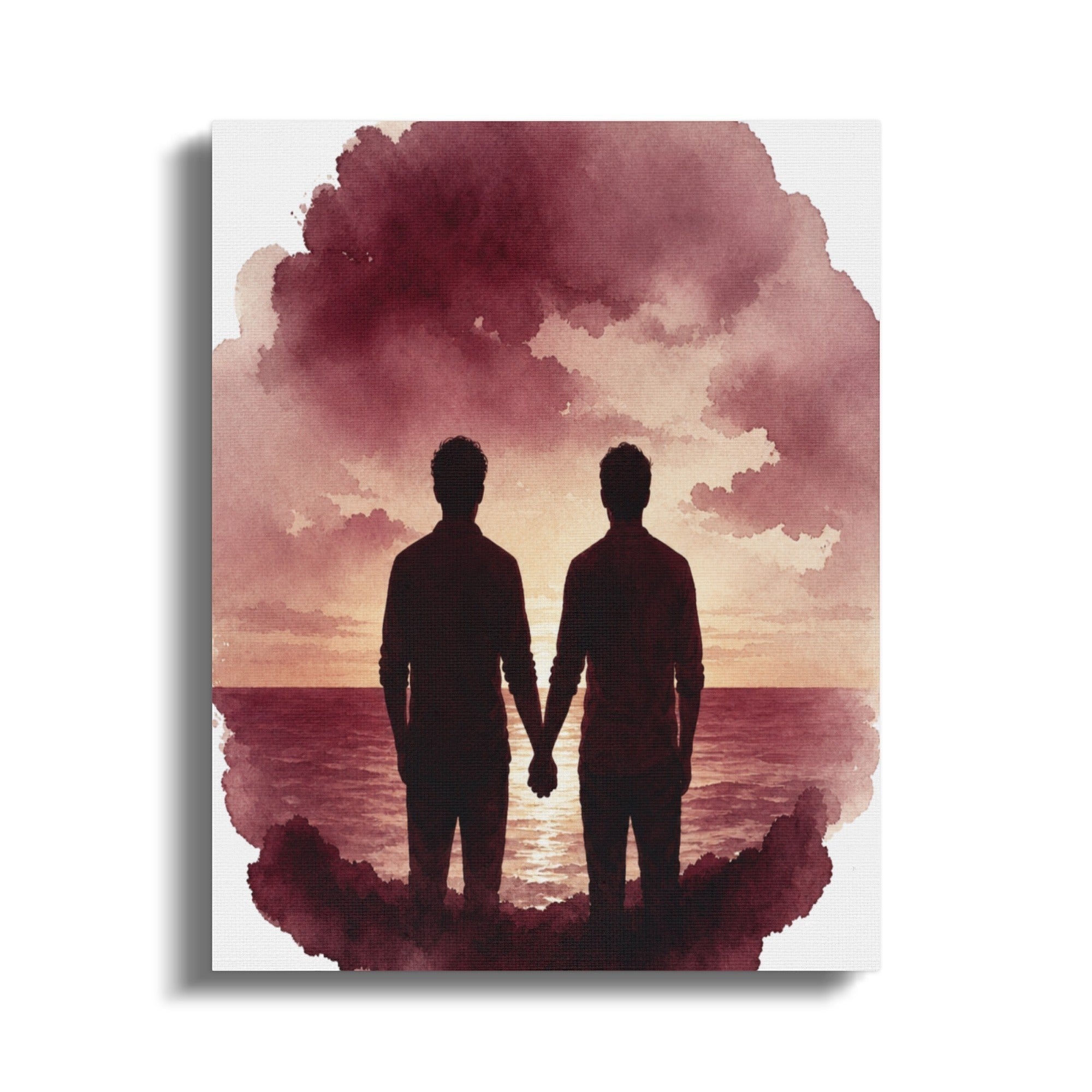 Oso Caribeño United Souls Sunset canvas print featuring a watercolor silhouette of two men holding hands at dusk.