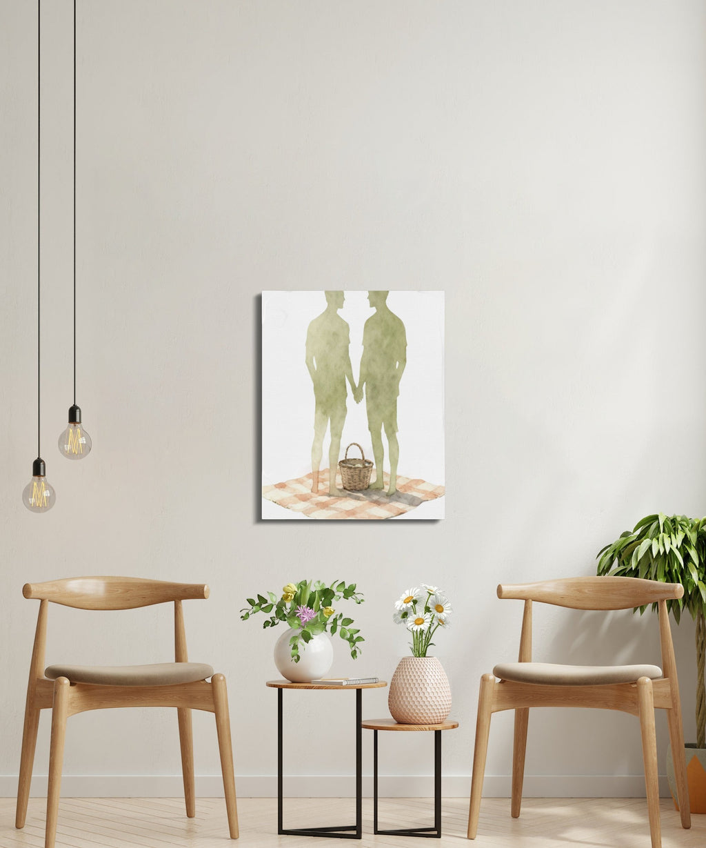 Oso Caribeño watercolor canvas print of two men holding hands at a picnic, displayed on a neutral living room wall.
