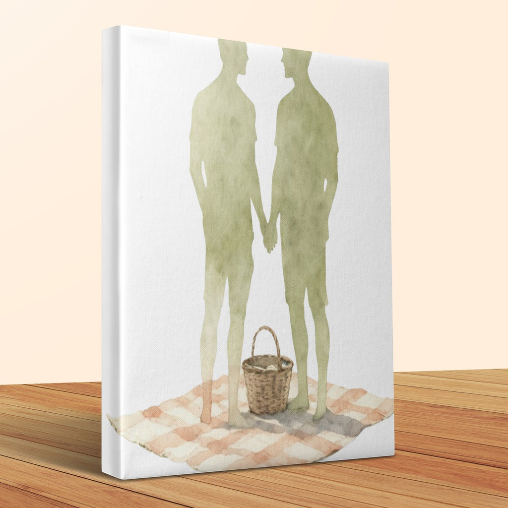 Oso Caribeño watercolor canvas print featuring two men holding hands on a picnic blanket with a basket.