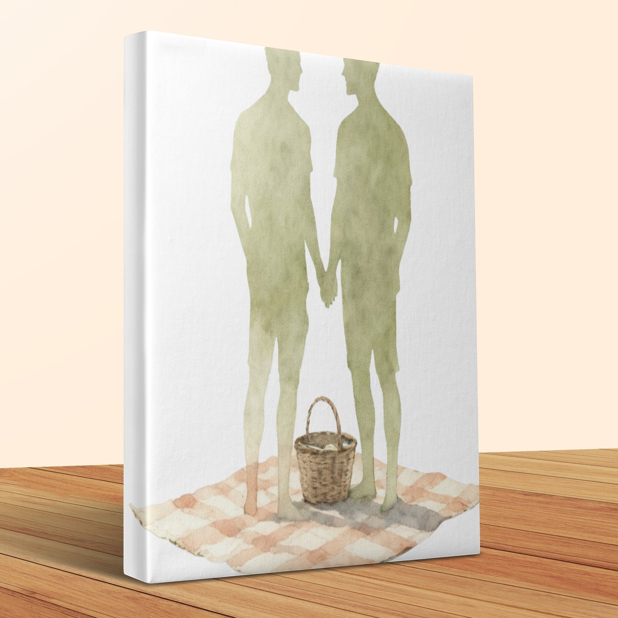 Oso Caribeño watercolor canvas print featuring two men holding hands on a picnic blanket with a basket.