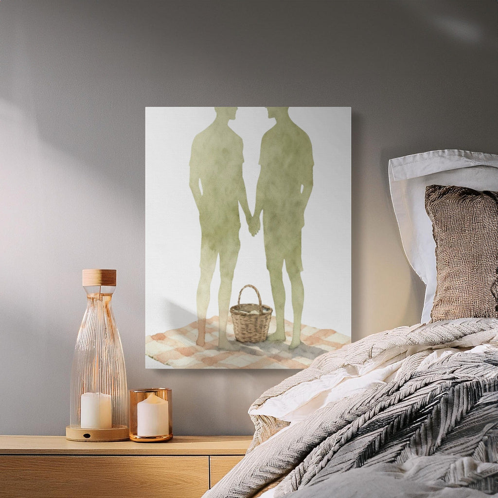 Oso Caribeño Watercolor Love Picnic canvas art featuring two figures holding hands on a checkered blanket in a bedroom.