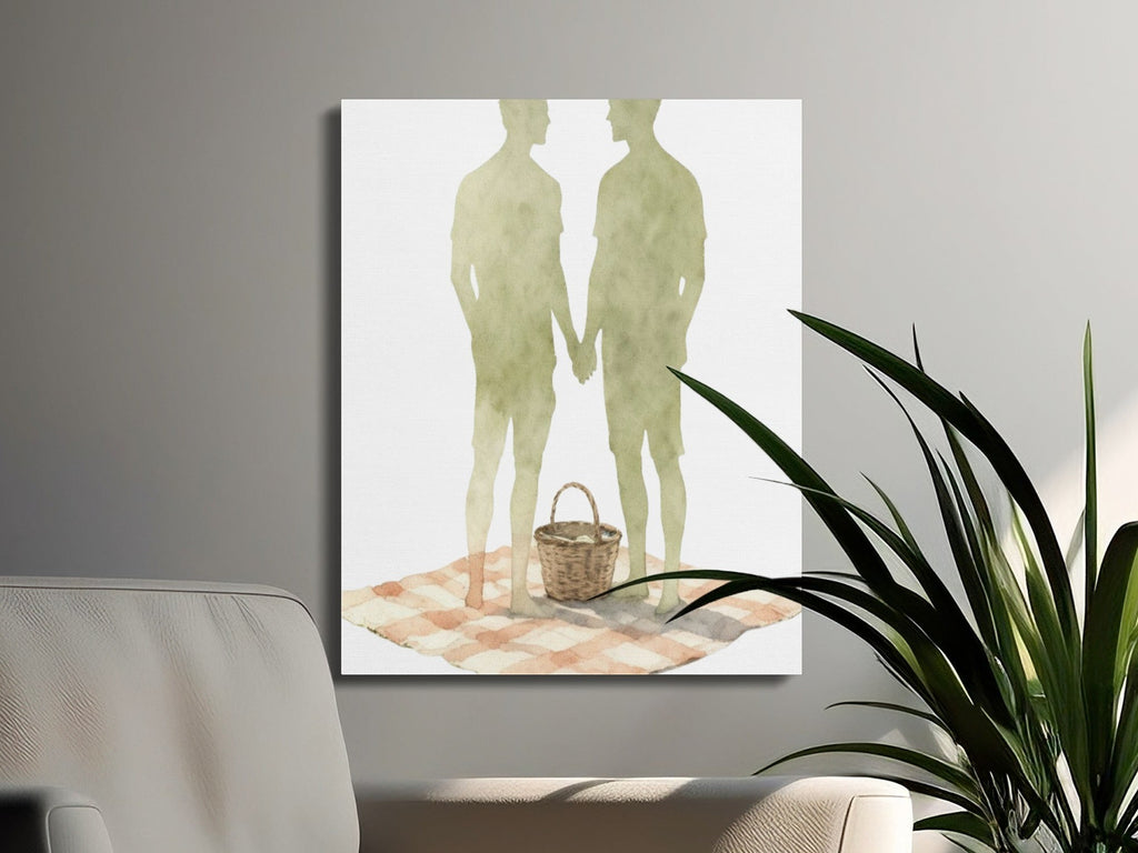 Oso Caribeño watercolor canvas art featuring two men holding hands on a picnic blanket with a basket.