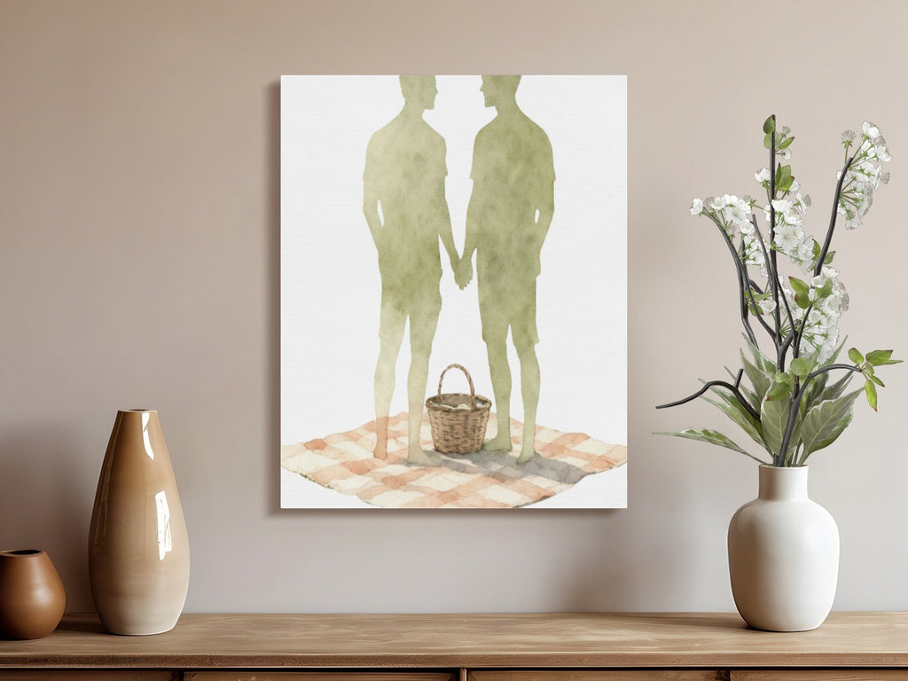 Oso Caribeño Watercolor Love Picnic canvas art featuring two men holding hands on a checkered blanket.