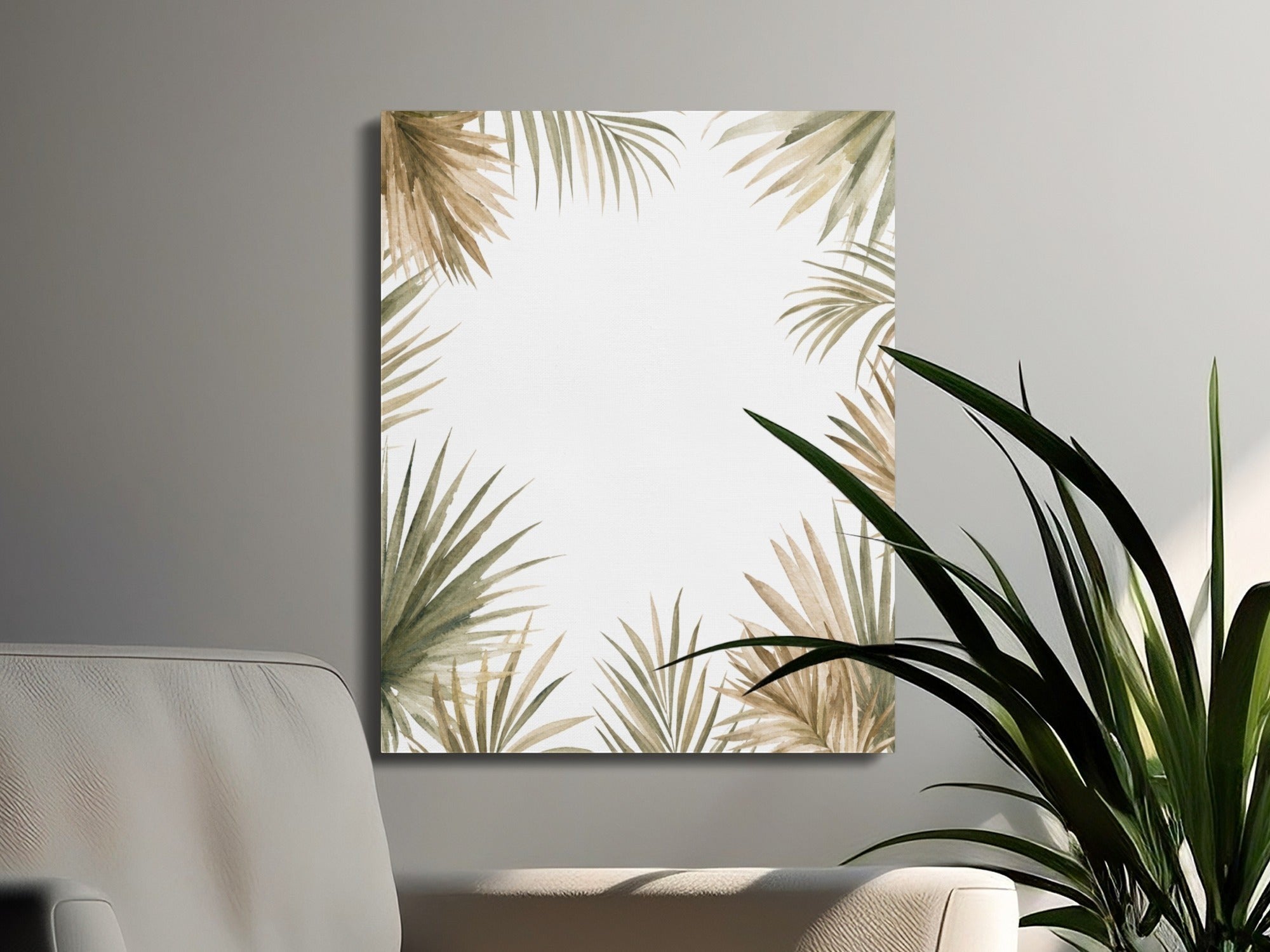 Oso Caribeño watercolor canvas wall art featuring earthy palm fronds in muted tones on a white background.