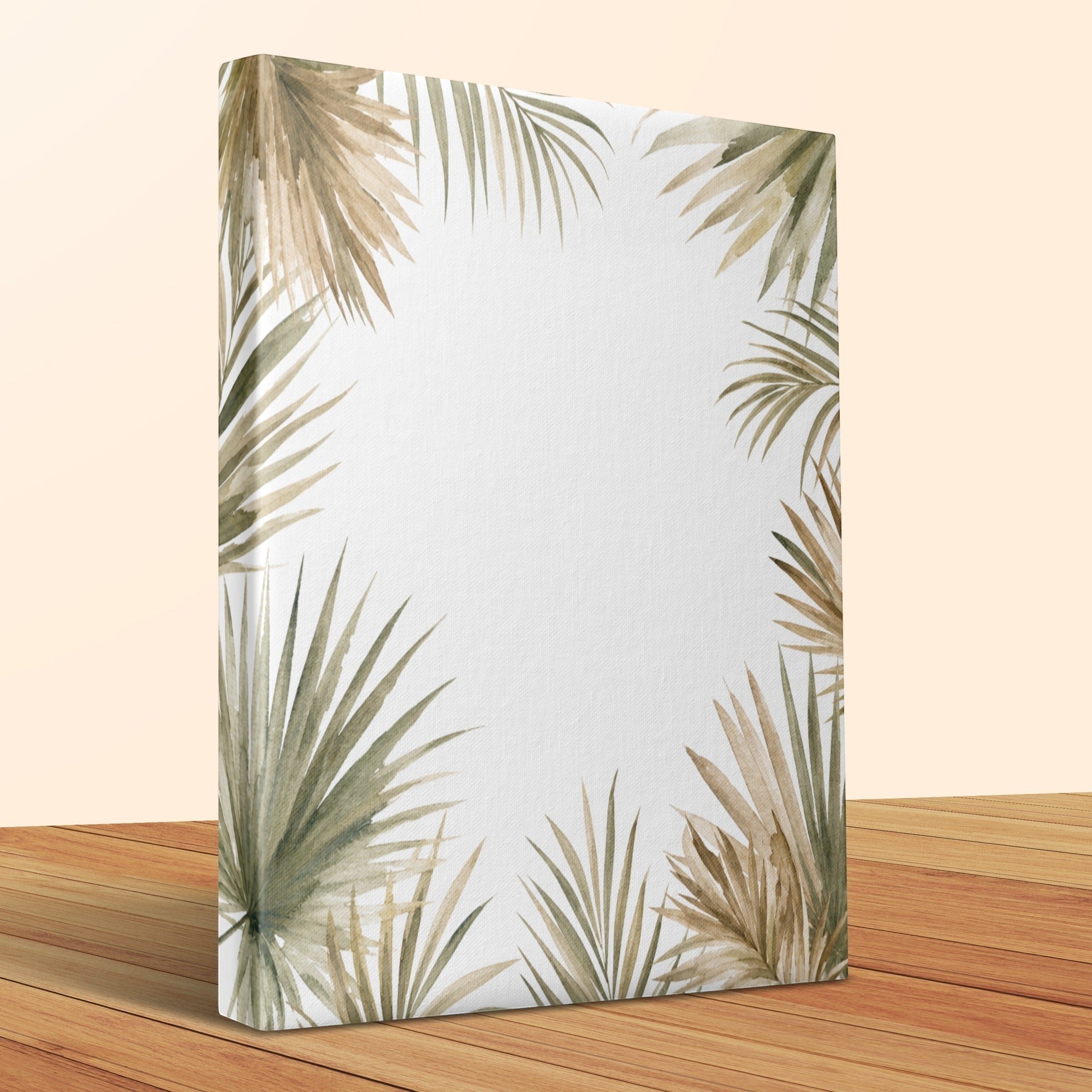 Oso Caribeño watercolor palm frond canvas print with earthy green and beige tones on a wooden surface.