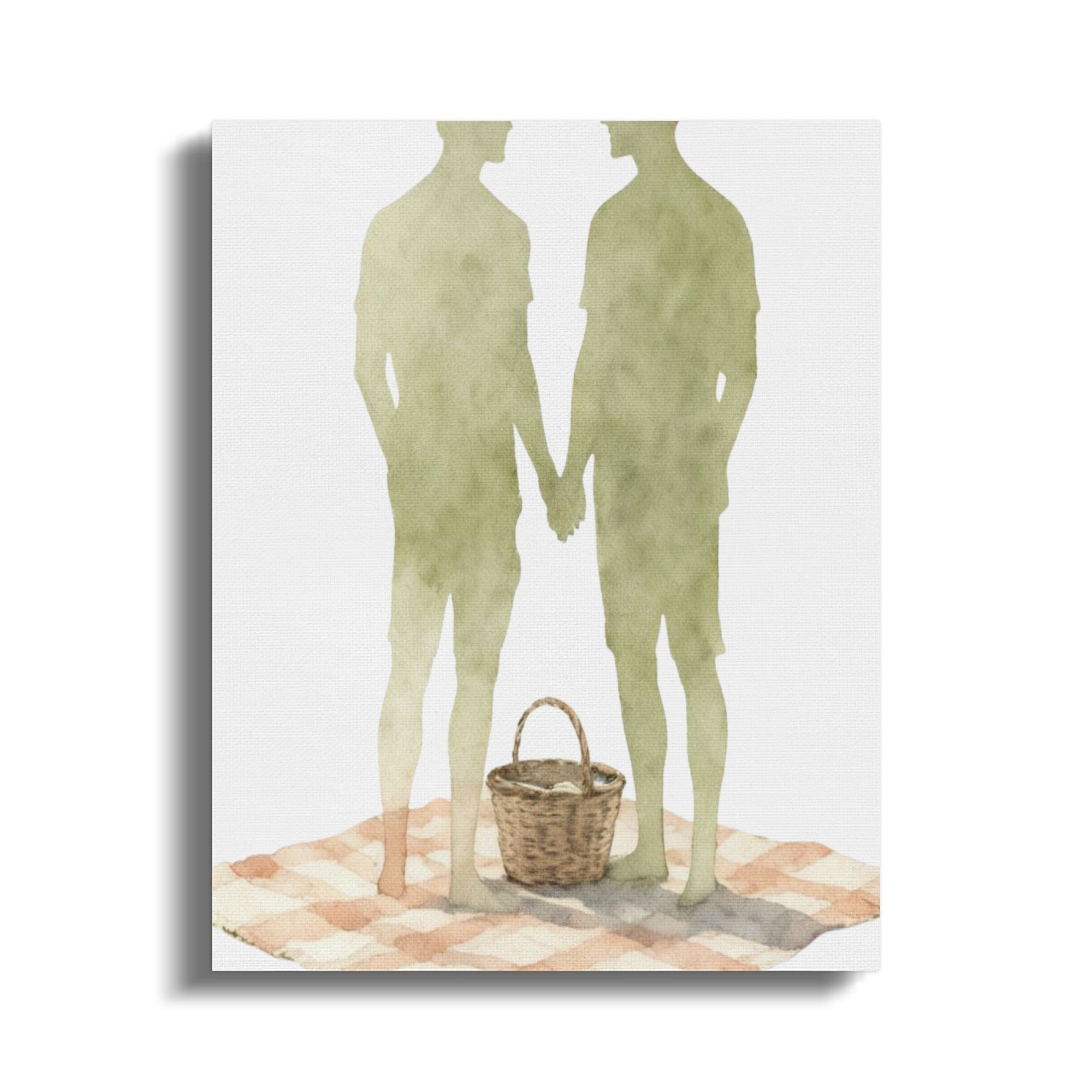 Oso Caribeño watercolor canvas print featuring two men holding hands on a picnic blanket with a basket.