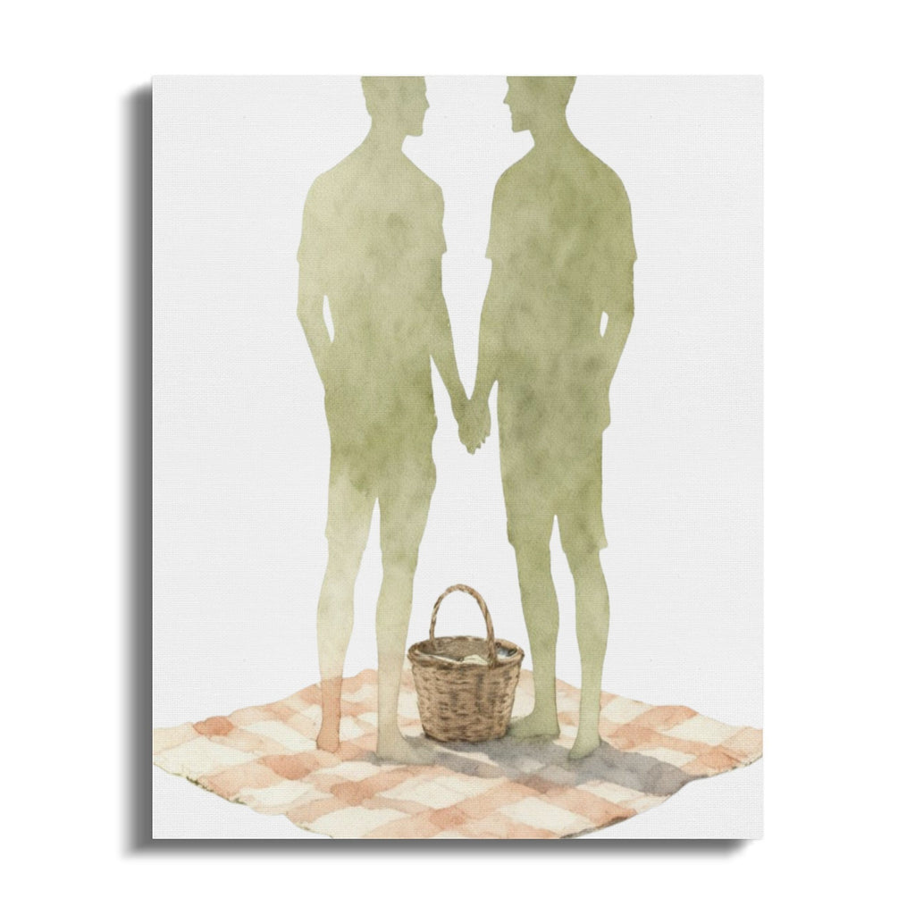 Oso Caribeño watercolor canvas print featuring two men holding hands on a picnic blanket with a basket