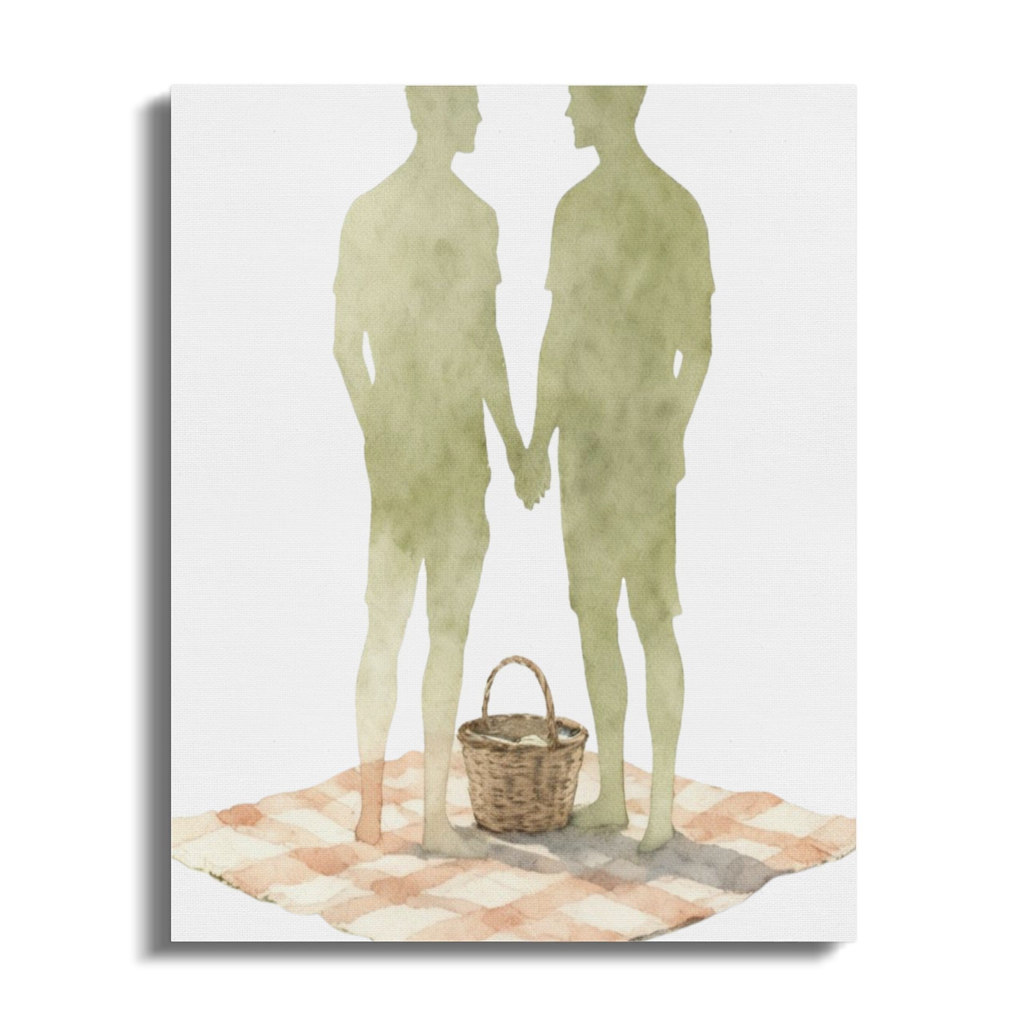 Oso Caribeño watercolor canvas print featuring two men holding hands on a picnic blanket with a basket