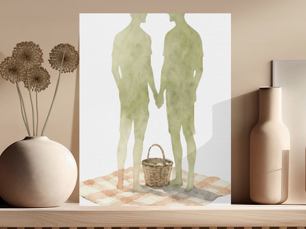 Oso Caribeño watercolor canvas print featuring two men holding hands at a picnic, displayed on a wooden shelf.