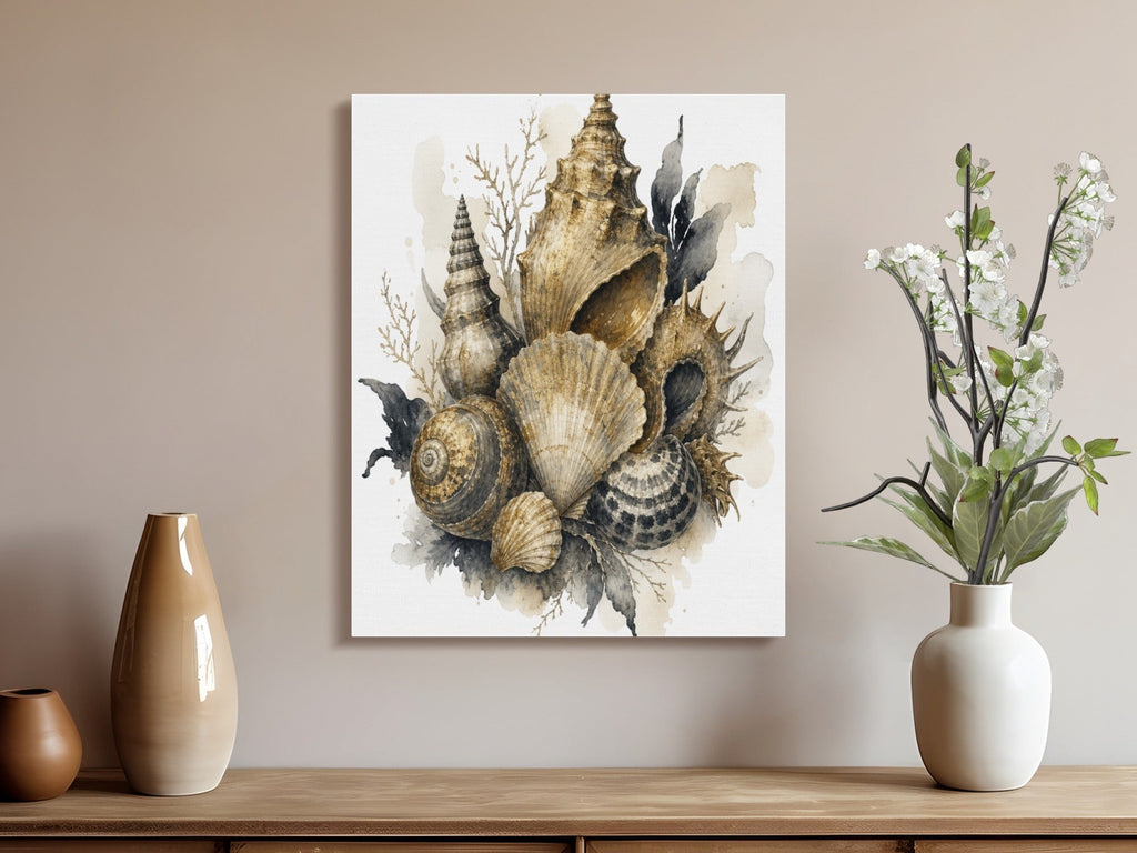 Oso Caribeño watercolor seashell canvas art print featuring neutral tones on a wall above a wooden console table.